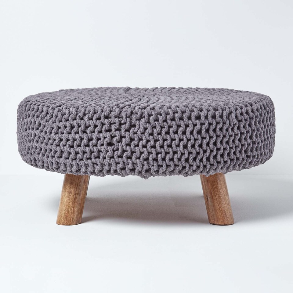 image 1 of Homescapes Sea Grey Large Round Cotton Knitted Footstool on Legs | Grey | 62 x 62 x 30 cm