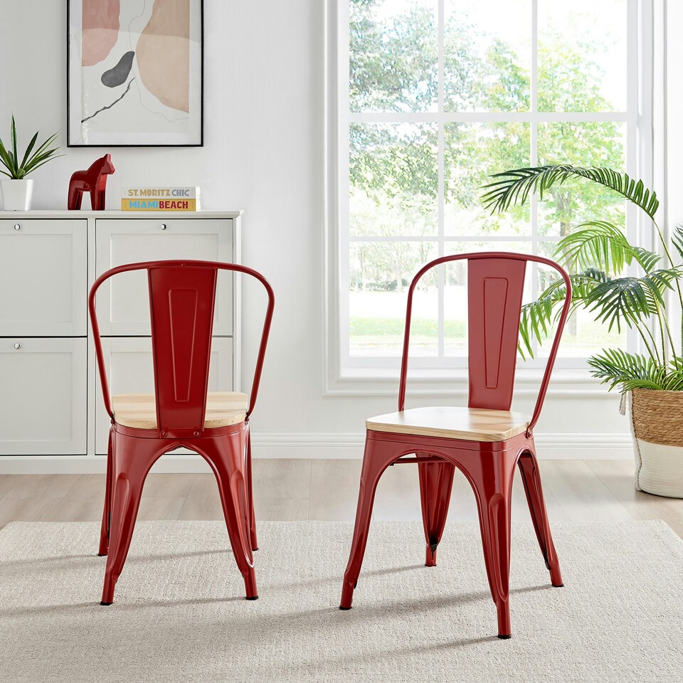 image 1 of Furniturebox 2x Colton 'Tolix' Style Red Metal Dining Chairs Wood Seat