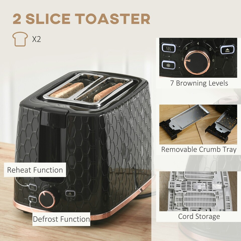 image 1 of HOMCOM Kettle and Toaster Set 1.7L Kettle & 2 Slice Toaster Set Black