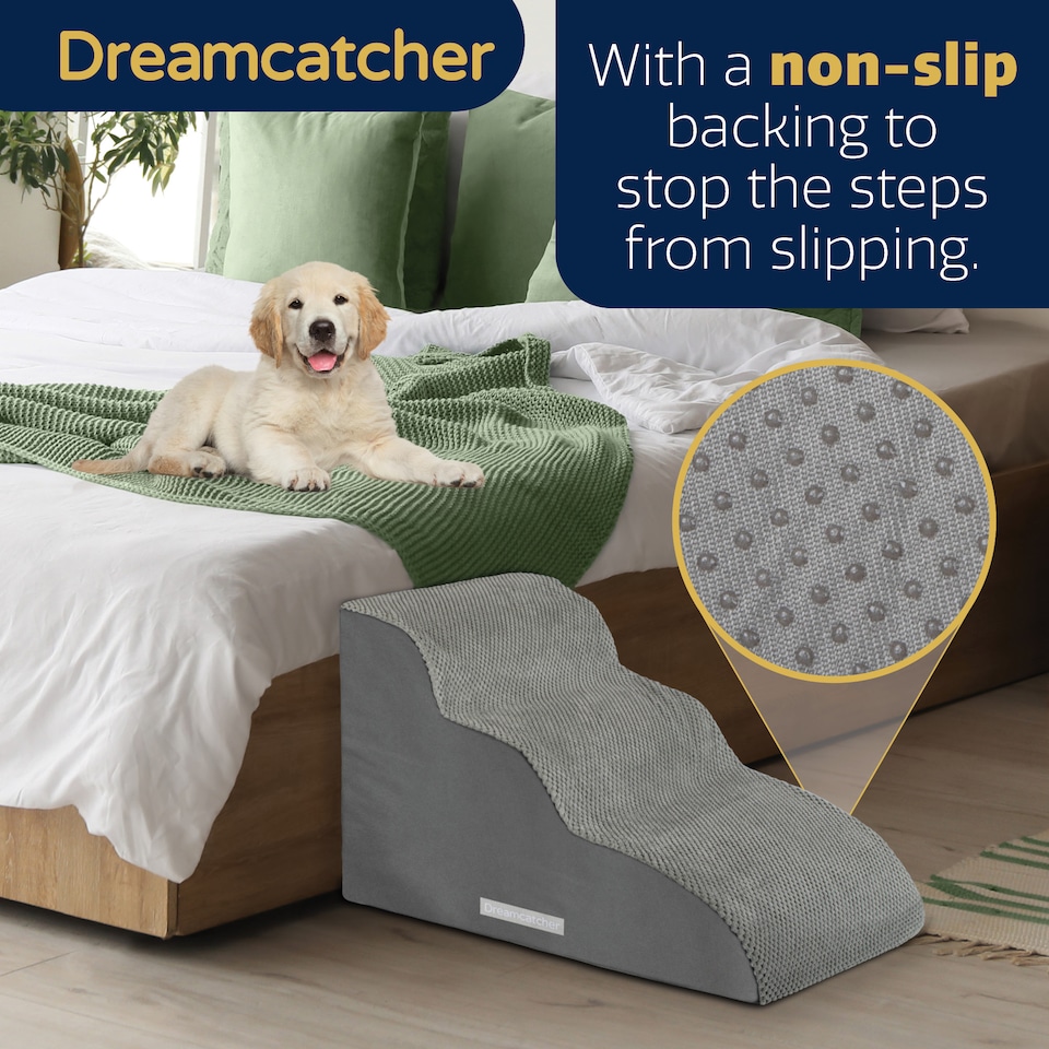 image 1 of Dreamcatcher 3 Step Dog Stairs for Bed 60x40x40cm, High Density Foam Ramp | Grey | Grey | 3 Step Dog Stairs | 1