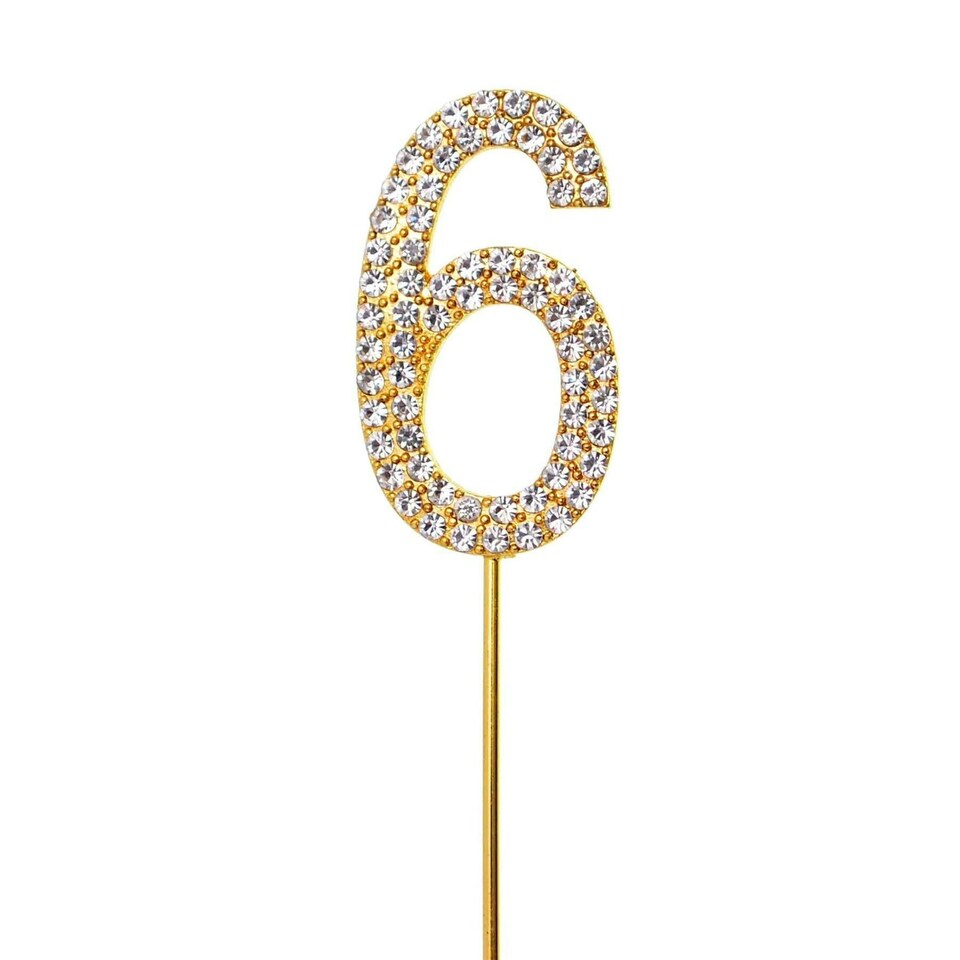 image 1 of Gold Sparkle Diamond Number 6 Cake Topper Gold