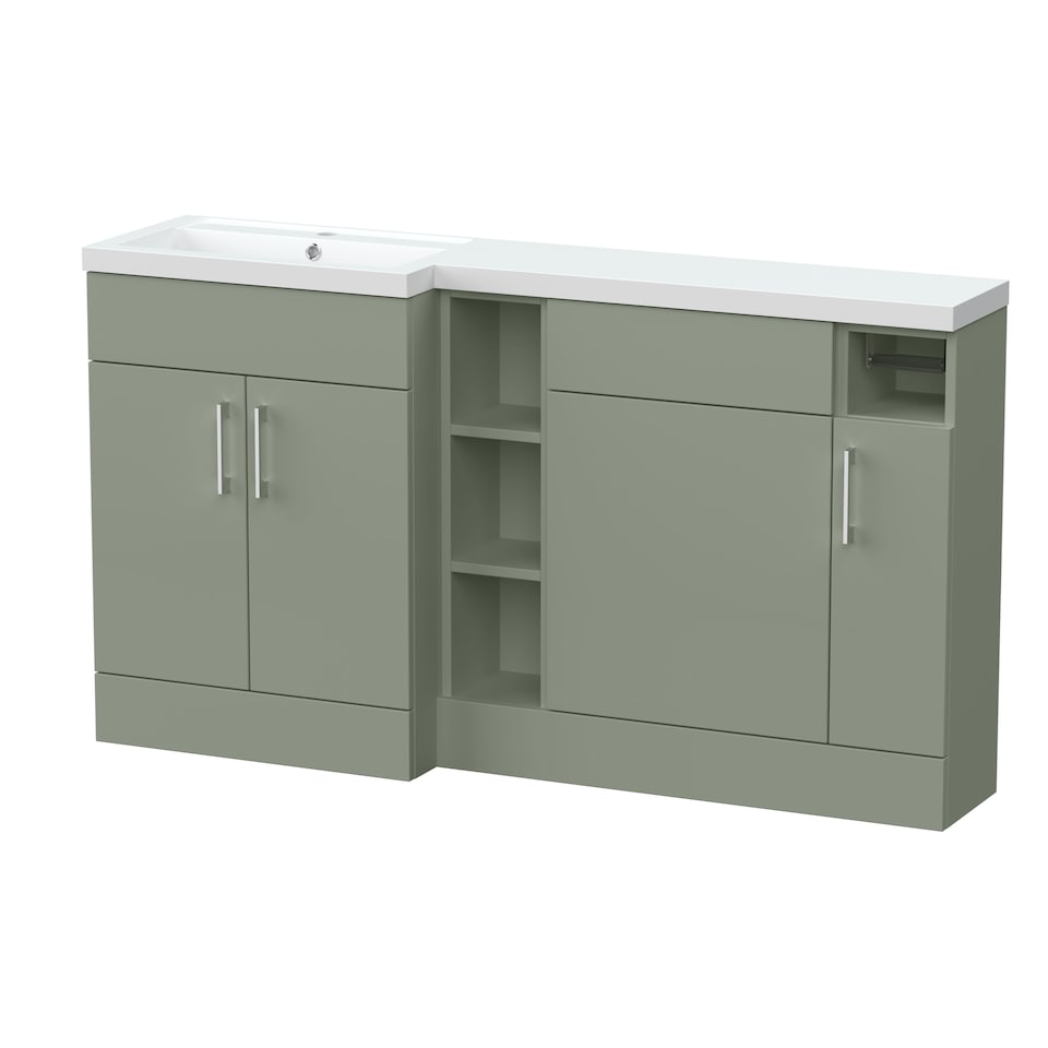 image 1 of Balterley Wichnor Floor Standing 3 Door, Open Shelf Vanity Basin WC Unit with Toilet Roll Holder and Polymarble Basin, 1500mm, Left Hand, Fern Green