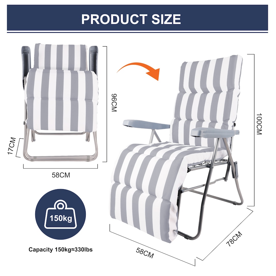 image 1 of Groundlevel Garden Lounge Recliner Chair with Striped Cushion | Grey | Grey