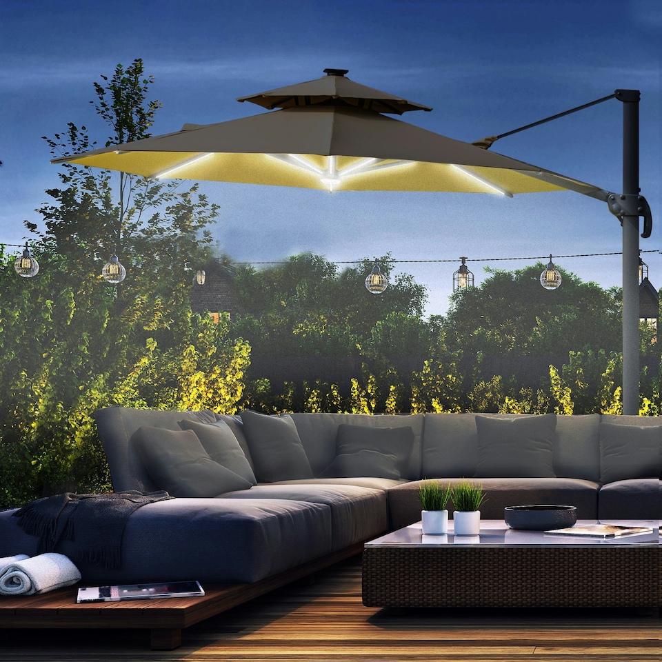 image 1 of Outsunny 3m Cantilever Parasol Solar Lights Power Bank Base Beige