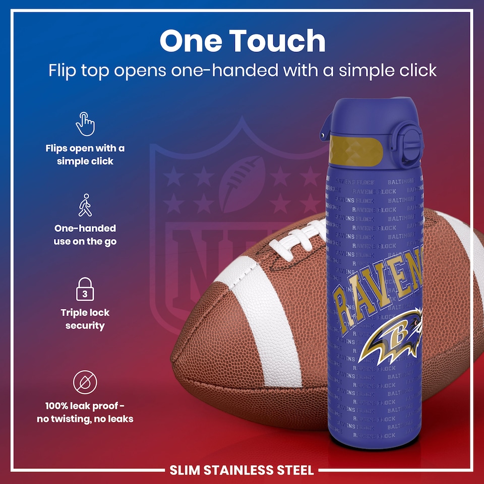 image 1 of Leak Proof Slim Water Bottle, Stainless Steel, NFL, 600ml (20oz) | Blue | NFL Ravens | One Size