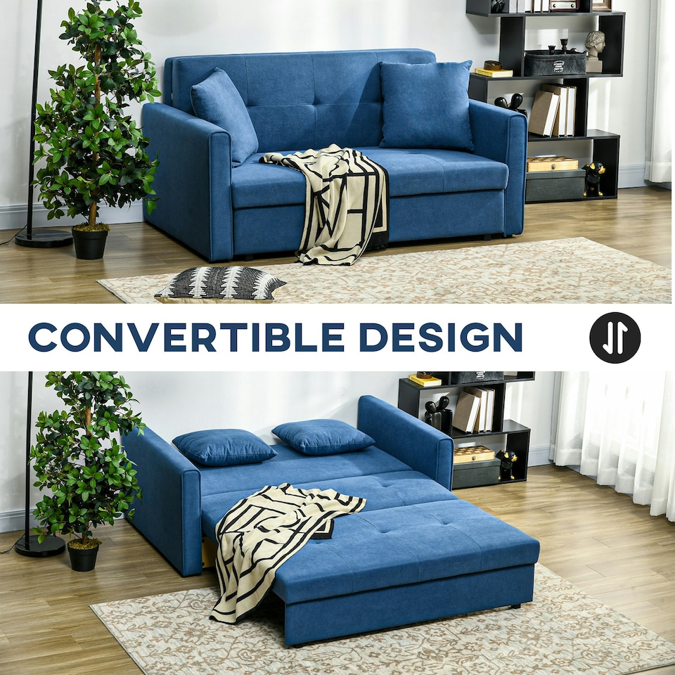 image 1 of HOMCOM 2 Seater Sofa Bed Convertible Bed Settee w/ 2 Cushions Storage Blue