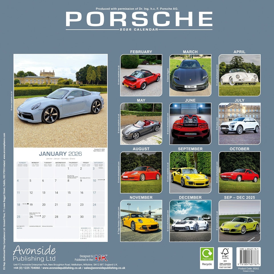 image 1 of Porsche 2026 Calendar | Square Wall Calendar | Car Enthusiast Gift | Plastic Free Packaging | by Avonside Publishing