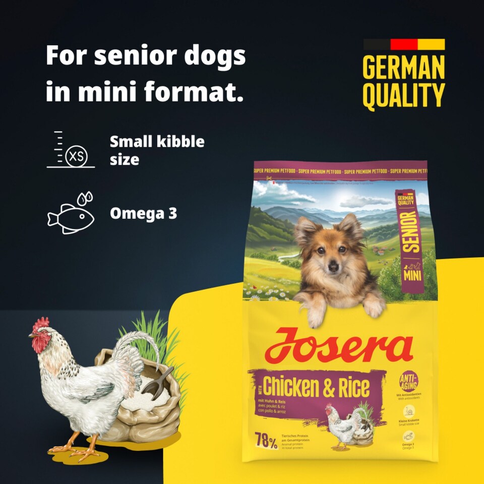 image 1 of Josera Mini Senior Chicken & Rice | Complete food for toy and small dogs | Gluten-free | Lower protein & fat | Anti-ageing | Salmon Oil Omega 3 | 3x3kg