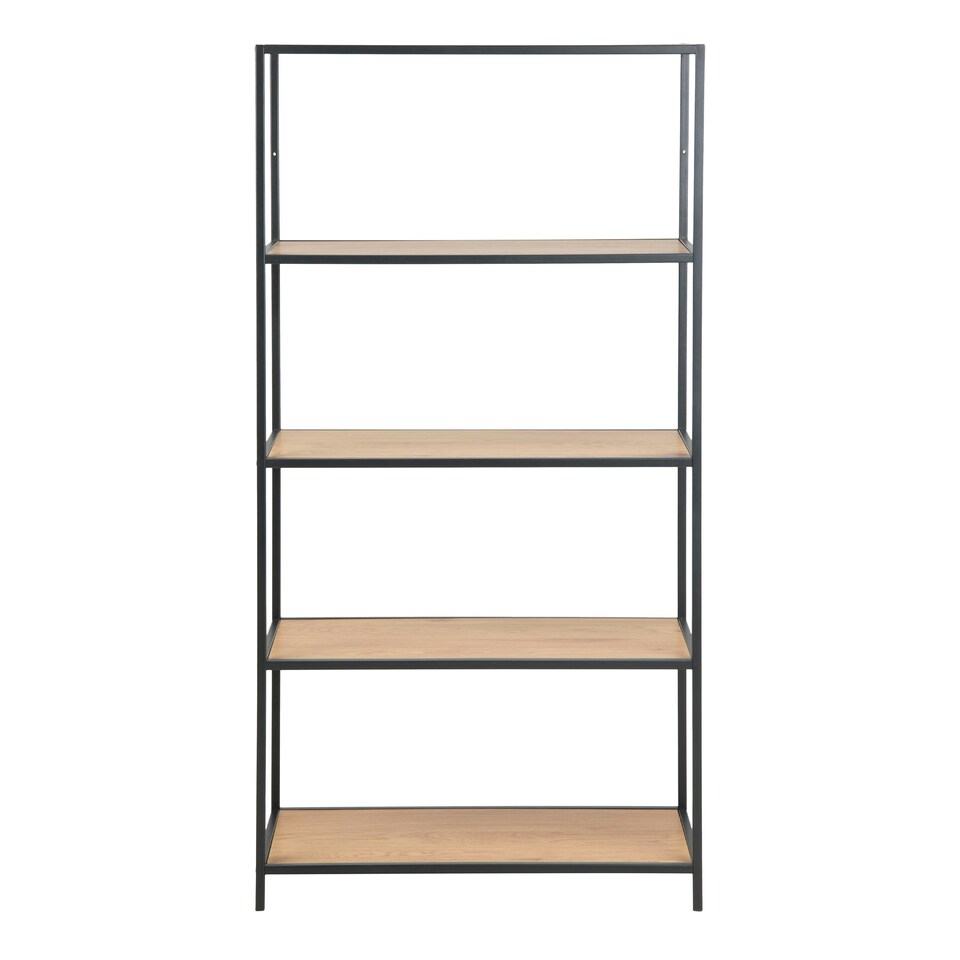 image 1 of Seaford Tall Black Metal Bookcase with 4 Oak Shelves
