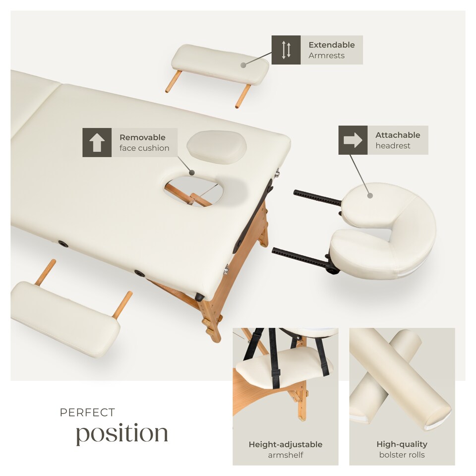 image 1 of Massage Table - 2-zones with wooden frame, bolsters, carry bag, head and armrests | Cream | beige | 1