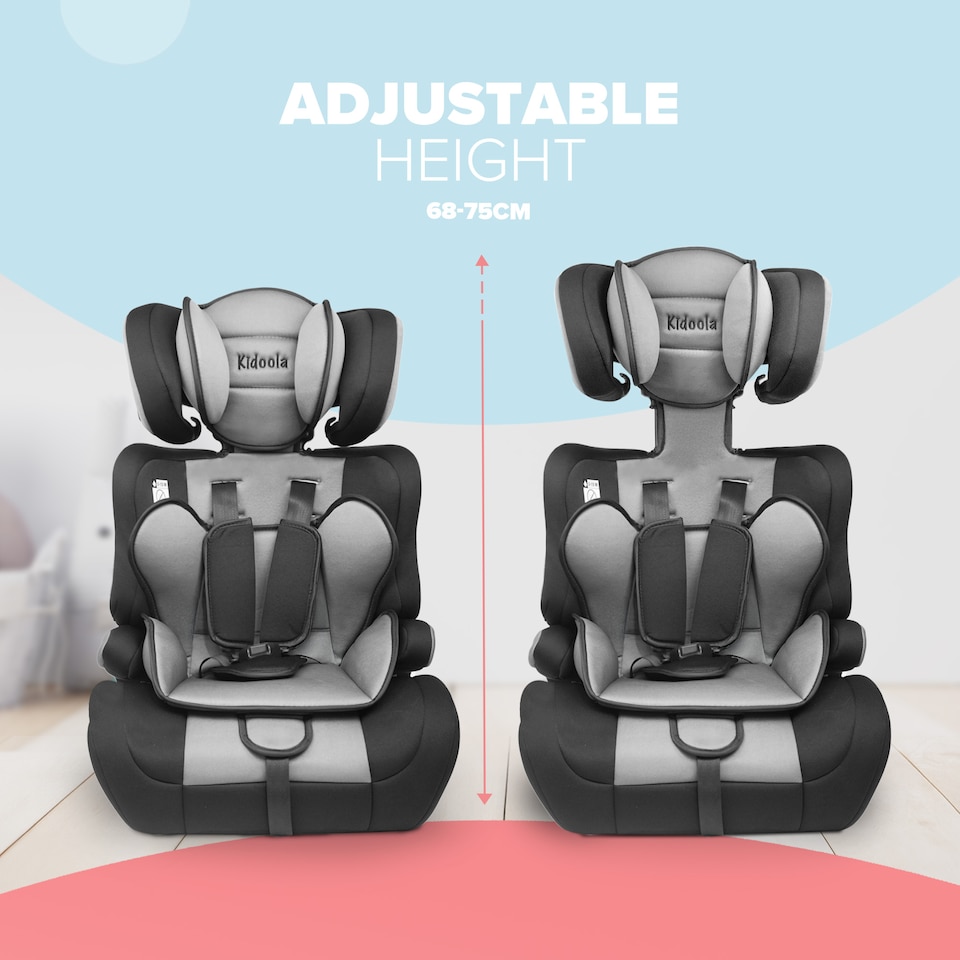 image 1 of Kidoola Adjustable Car Seat, 3 Age Functions, Toddler to 12 Years, Grey