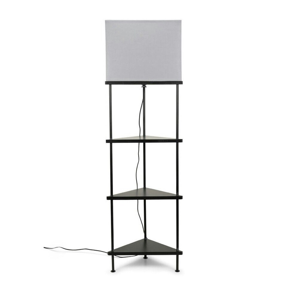 image 1 of ValueLights Taska Black Wooden 3 Tier Corner Floor Lamp with Grey Shade and Storage Shelves Black