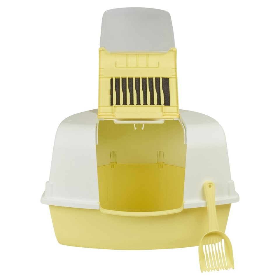 image 1 of Large Cat Corner Litter Tray Hooded Deep Cover Toilet Flap Box with Filter & Scoop | Yellow | Yellow | 1