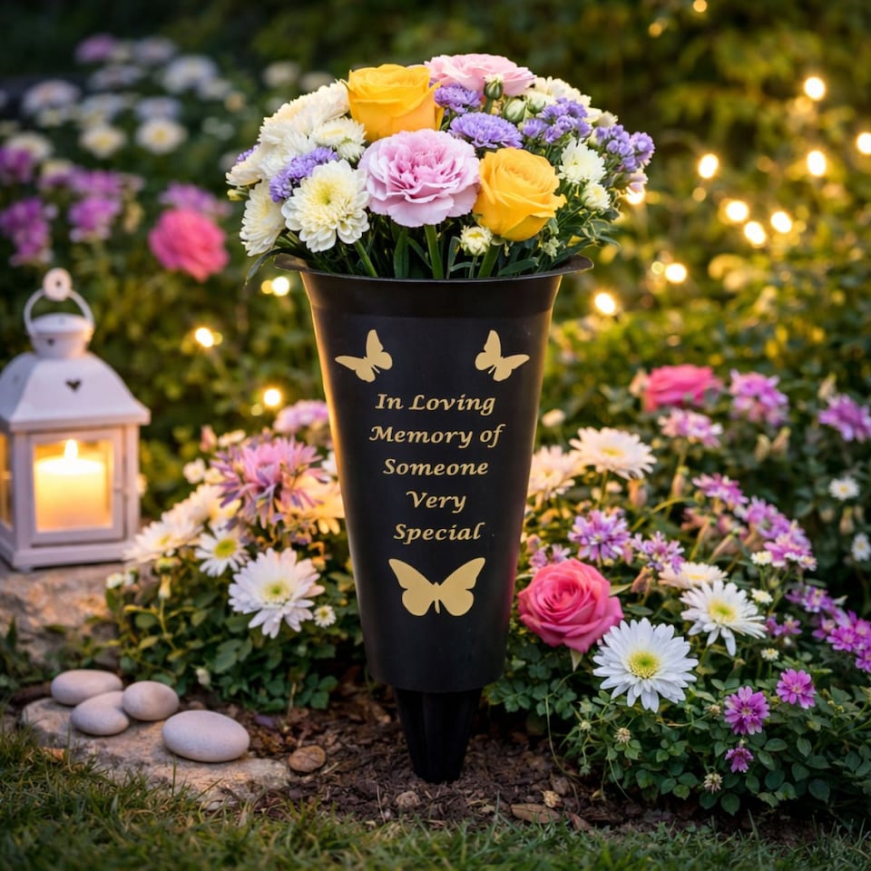 image 1 of Dad Plastic Spike Memorial Graveside Flower Vase With Butterfly Decoration