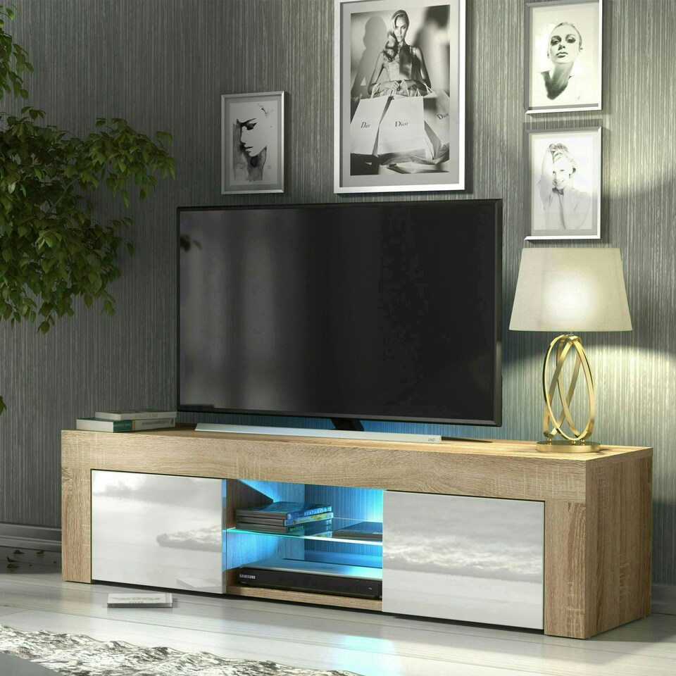 image 1 of TV Unit 130cm White Gloss Doors Oak Matt Body Modern Cabinet | Multi | Oak | One Size | 1