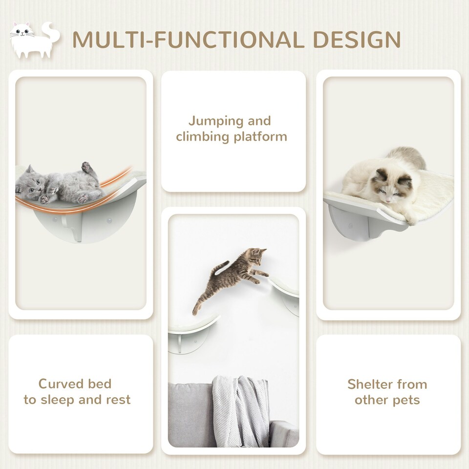 image 1 of PawHut Wood Cat Shelves, Wall-Mounted Cat Shelter, Curved Kitten Bed, White