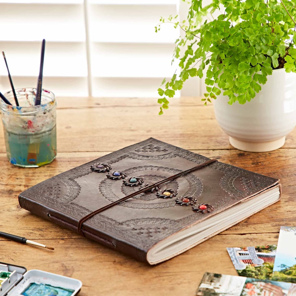 image 1 of Indra Chakra Embossed Leather Album with Semi-Precious Stones