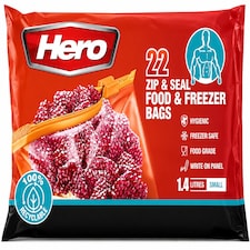 Hero Zip Seal Food & Freezer Bags Small 1.4L – 22 Reusable BPA Free Zip Lock Food Storage Bags for Sandwiches, Fruit, Meat, Vegetables, Snacks & Travel | Clear | Clear | 1.4L | 22