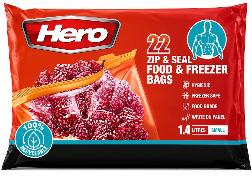 image 1 of Hero Zip Seal Food & Freezer Bags Small 1.4L – 22 Reusable BPA Free Zip Lock Food Storage Bags for Sandwiches, Fruit, Meat, Vegetables, Snacks & Travel | Clear | Clear | 1.4L | 22