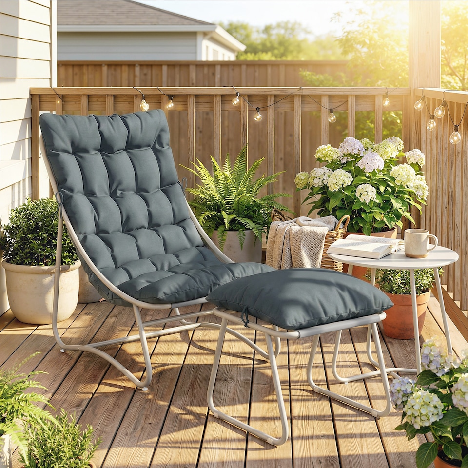 image 1 of Outsunny 3 Piece Bistro Set, Outdoor Table and Chair Set with Footstool | Grey | Dark Grey | Chair: 62x87x86 cm; Table: 46x45 cm; Footstool: 45x45x35 cm