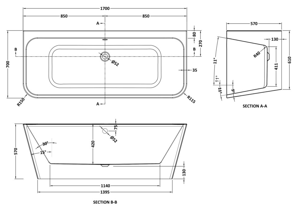 image 1 of Balterley Square BTW Freestanding Bath 1700x700x57