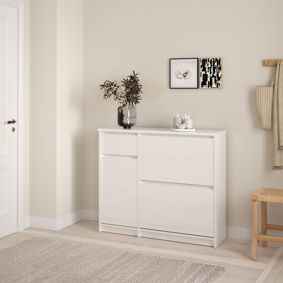 image 1 of Naia Shoe Cabinet with 2 Flip Down Doors 1 Door and 1 Drawer in White High Gloss