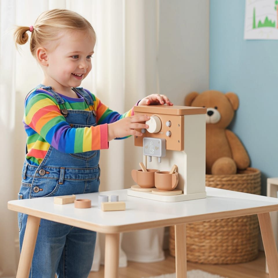 image 1 of AIYAPLAY Kids Wooden Coffee Machine Toy, Pretend Play Kitchen Accessories with Toy Food, Coffee Playset Pretend Role Play Toy Gift for Boys and Girls