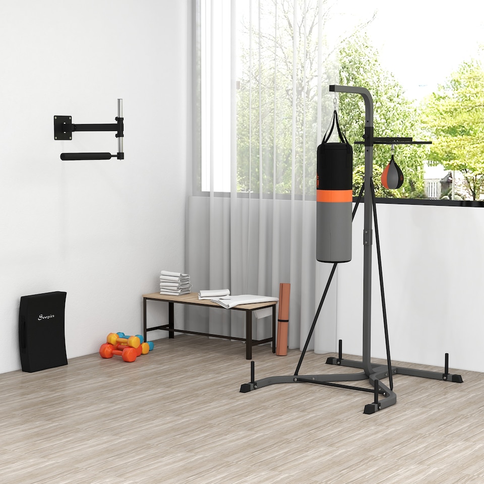 image 1 of HOMCOM Punchbag & Speedball Boxing Station w/ Freestanding Frame, Grey