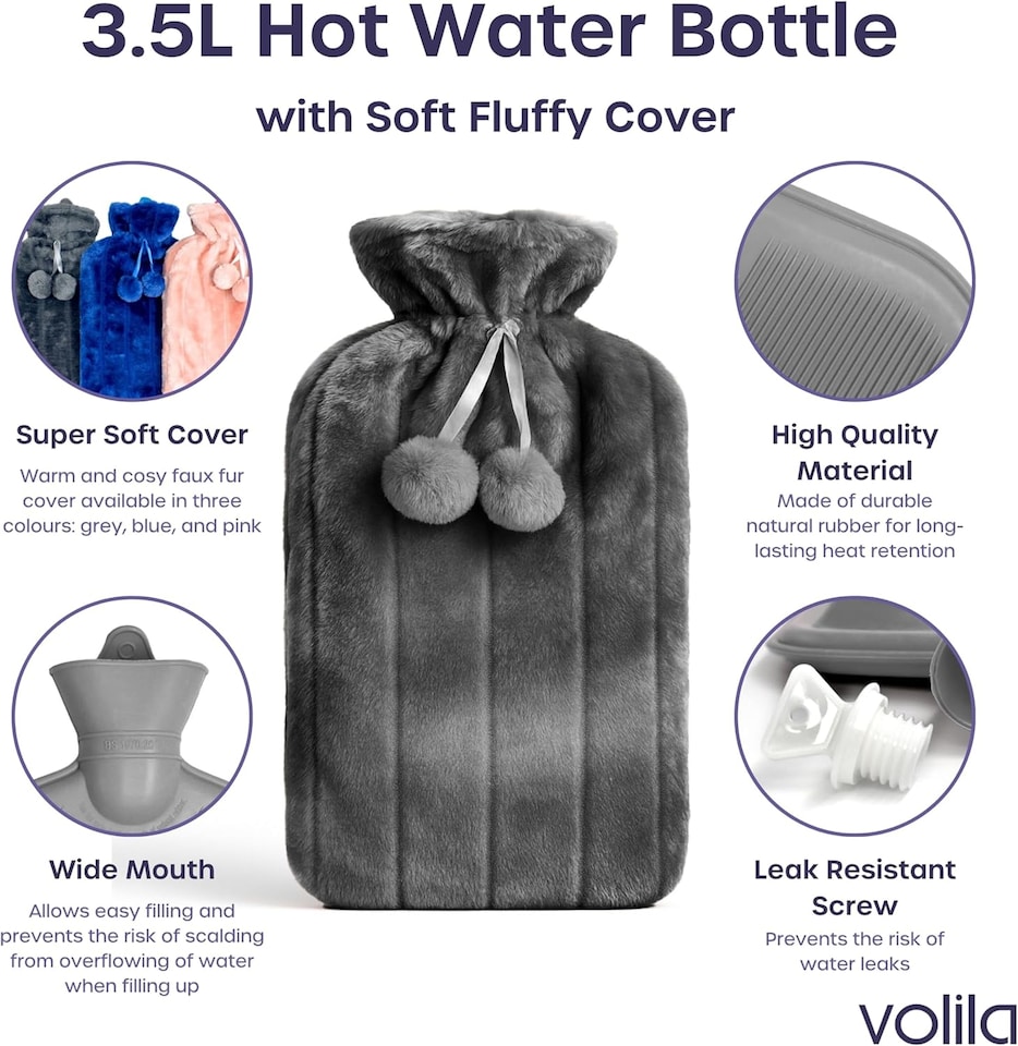 image 1 of 3.5L Extra Large Hot Water Bottle - Faux Fur Covered for Pain Relief, Hand and Foot Warmer | Grey | Grey | 3.5L
