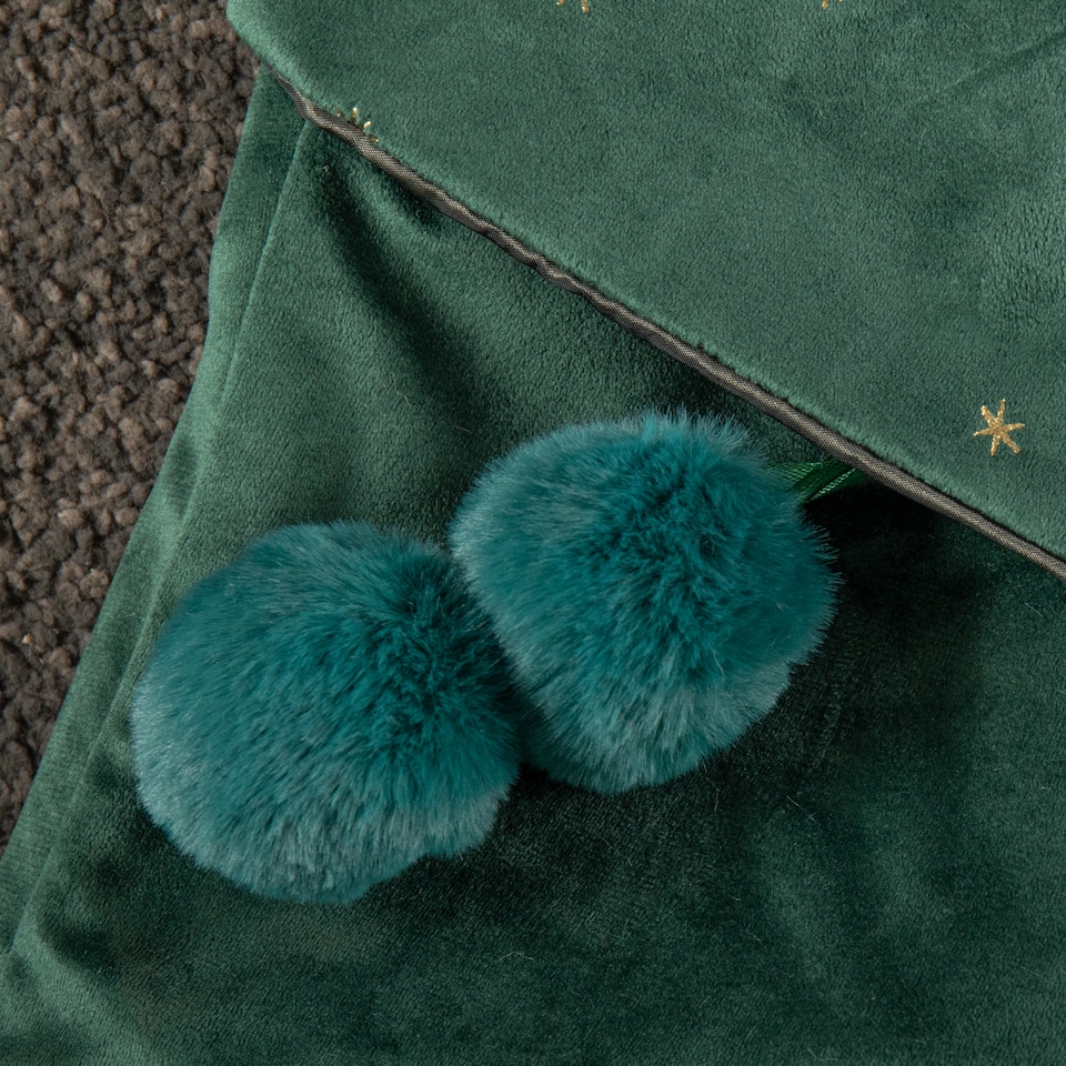 image 1 of 70cm Hanging Dark Green Velour Star Print Christmas Stocking with Pom Poms