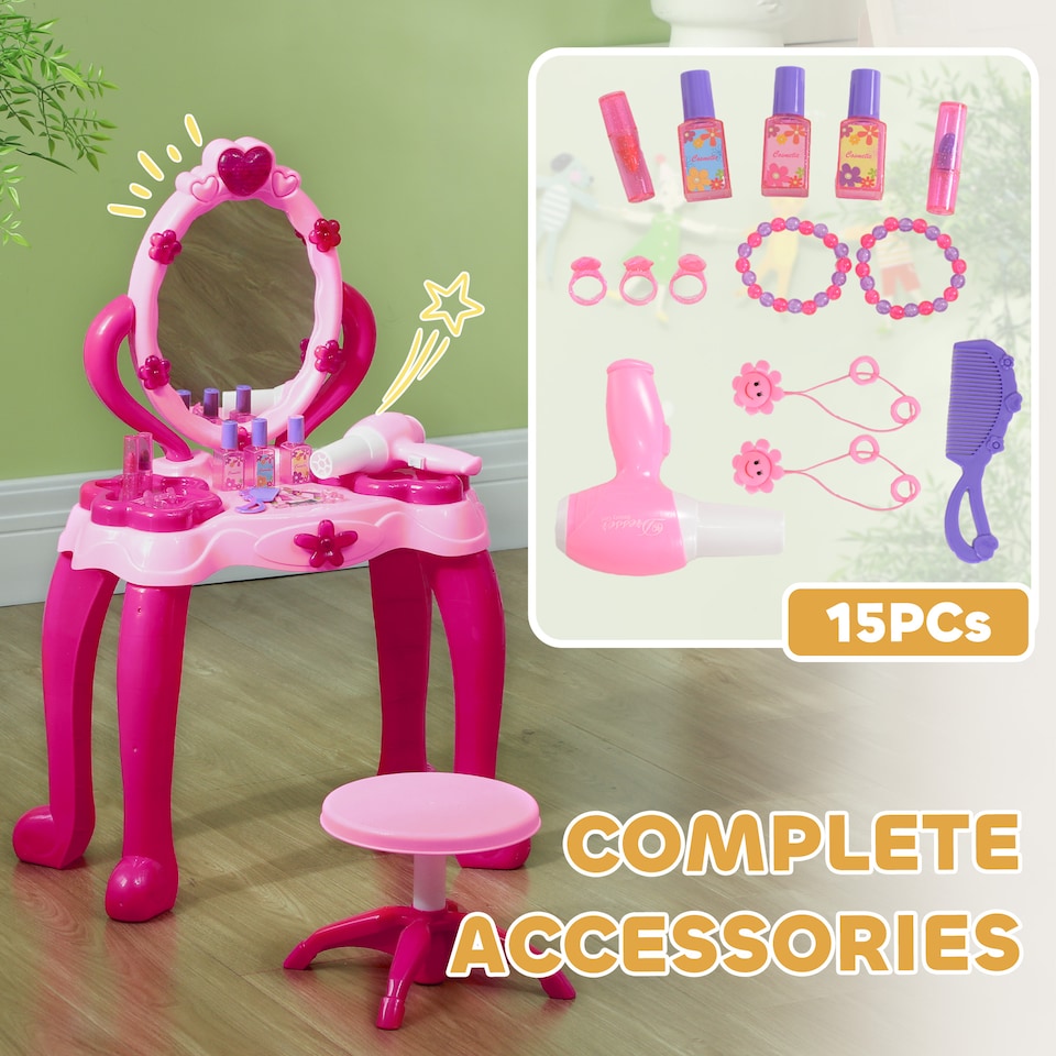 image 1 of AIYAPLAY Kids Dressing Table with Mirror and Stool, Kids Vanity Table Make Up Pretend Play Toys with Light, Music, 15 Accessories, for Ages 3-6 Years, Pink