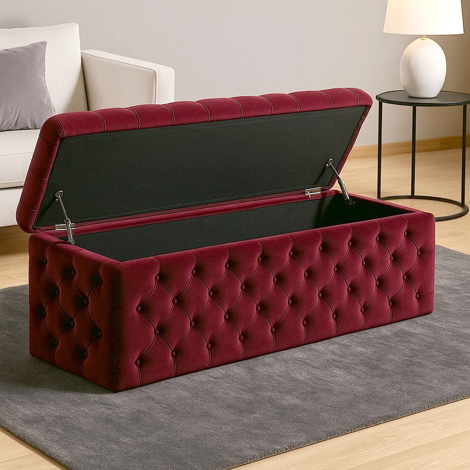 image 1 of 120cm Wide Lux Ottoman Storage Box, Red Velvet Upholstered Chesterfield Storage Ottoman Box