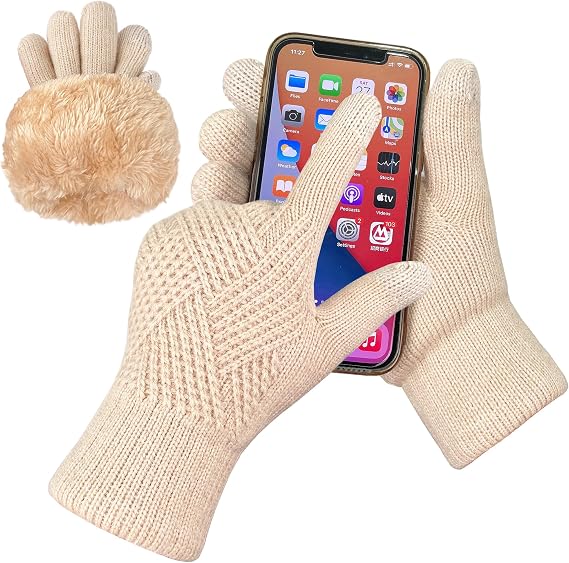 Winter Gloves for Women, Warm Thermal Touch Screen Knitted Gloves with Fleece Lining & Pom Pom, for Snow Cold Weather Gifts, Beige