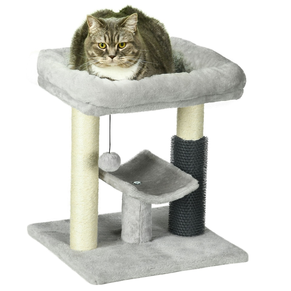 image 1 of PawHut Small Cat Tree with Scratching Post Bed Toy for Indoor Cats, Grey