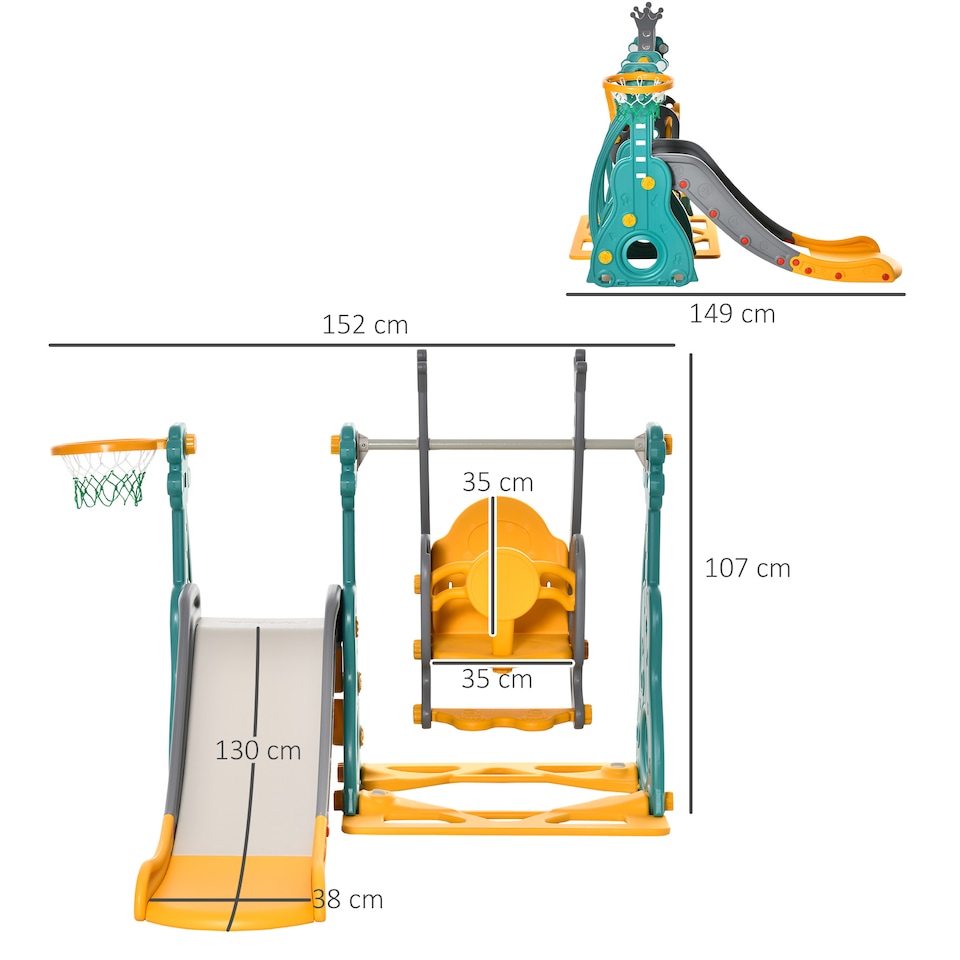 image 1 of HOMCOM 3-IN-1 Kids Swing and Slide Set with Basketball Hoop Slide Swing