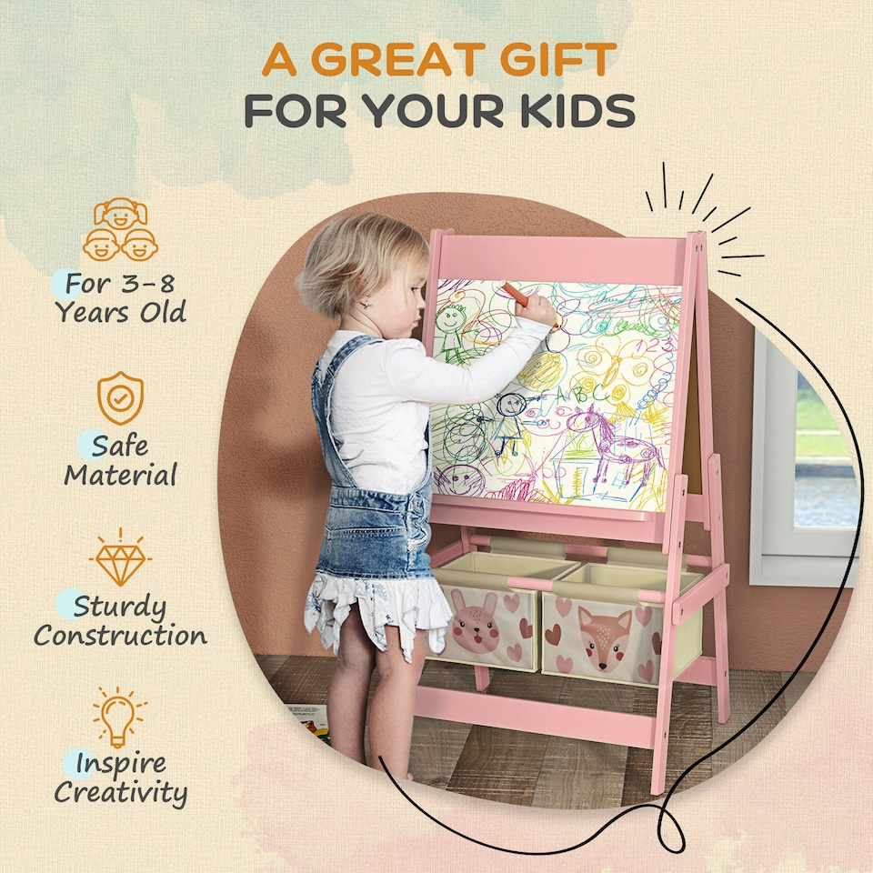 image 1 of AIYAPLAY Kids Easel with Paper Roll, 3 in 1 Art Easel Blackboard, Whiteboard