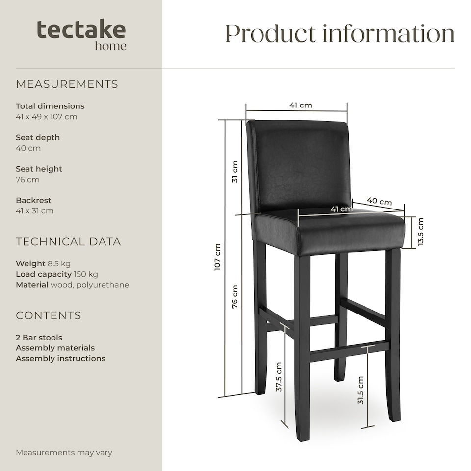 image 1 of Bar Stools with a padded backrest and faux leather cover | Black | black | 41 x 40 x 107 cm | 2