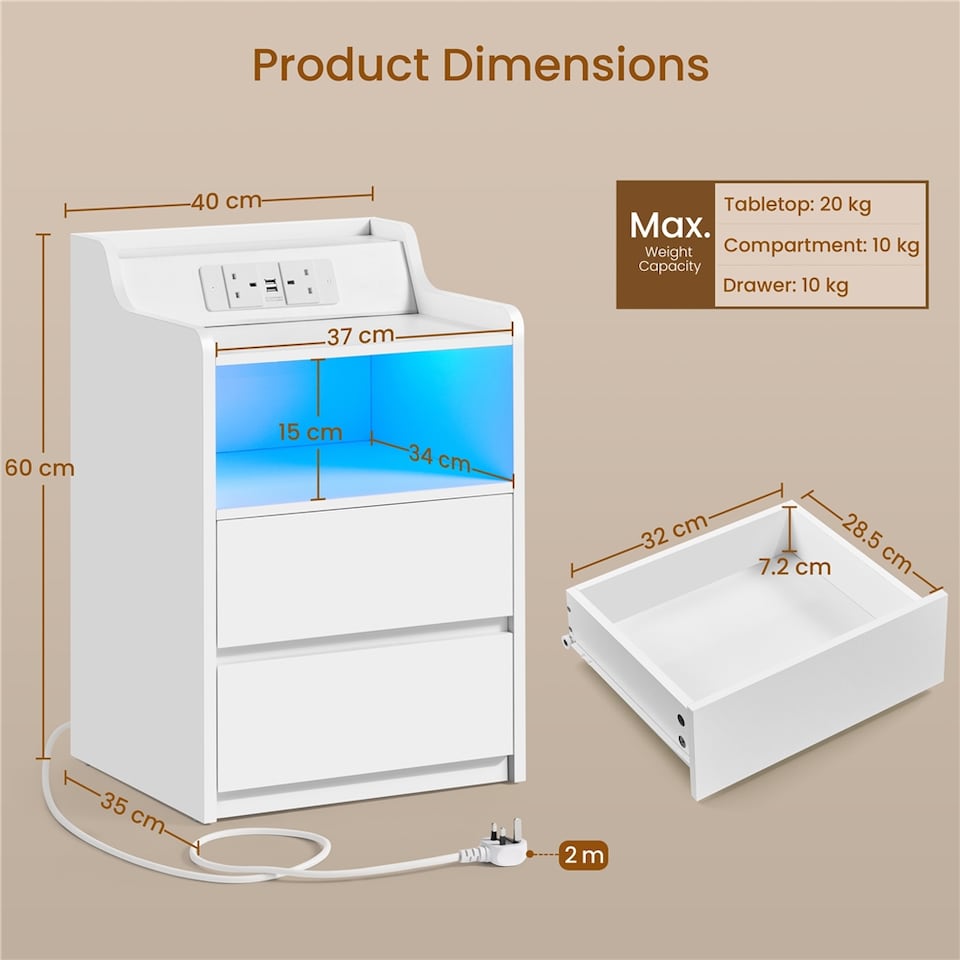 image 1 of Yaheetech Set of 2 Bedside Tables with 2 Storage Drawers and Open Compartment-White