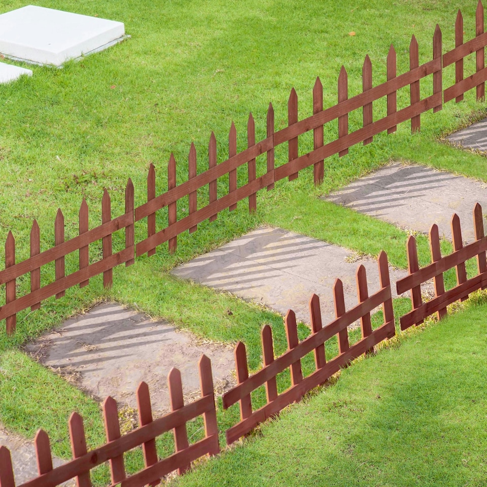 image 1 of Outsunny Pack of 12 Wooden Plant Border Fence Garden Fixed Picket Fence Brown