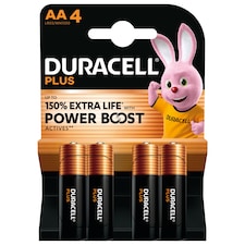 Duracell AA Plus Power Alkaline Batteries With Power Boost Actives, Pack of 4 | Black | AA | 4