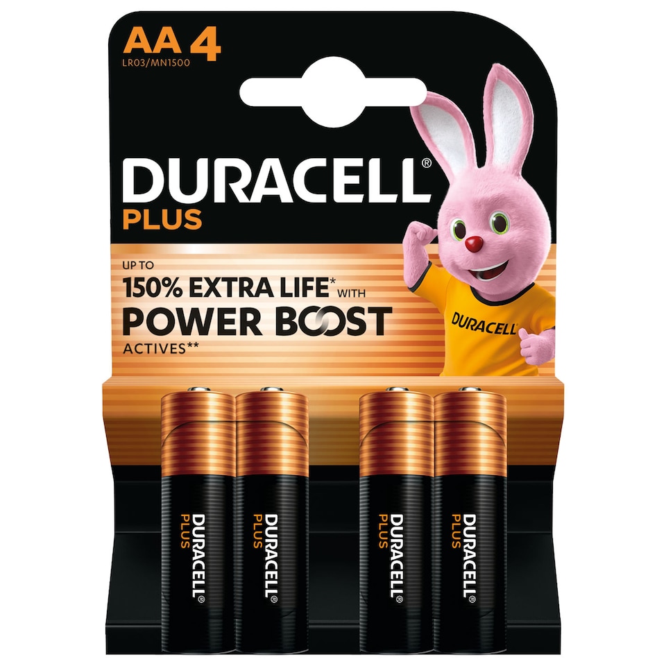 Duracell AA Plus Power Alkaline Batteries With Power Boost Actives, Pack of 4 | Black | AA | 4