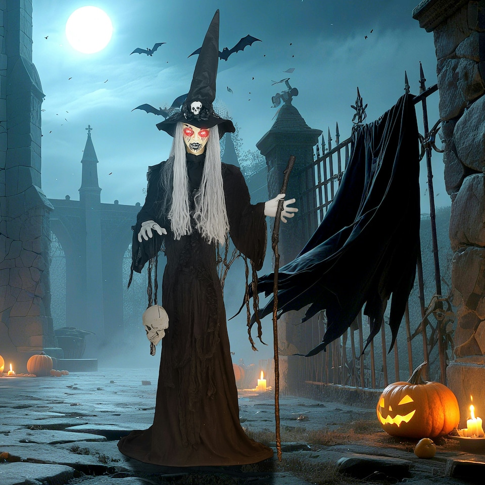 image 1 of Outsunny Voice Activated Halloween Animatronics Standing Witch, Black