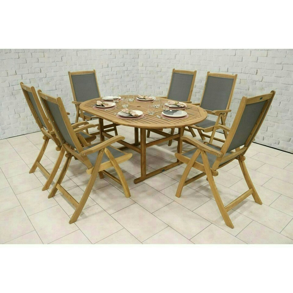 image 1 of Turnbury 6 Seater Dining Set with Folding High Back Armchairs and Round Extending Table - Acacia Hardwood