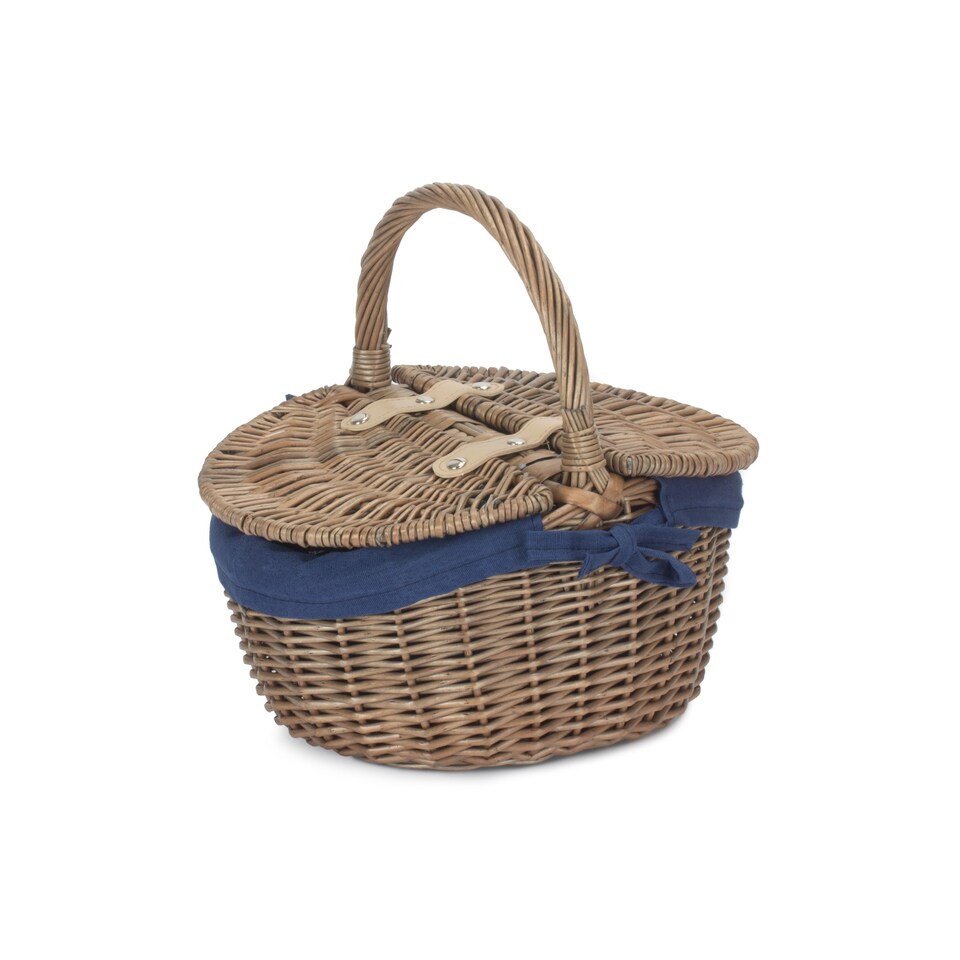 image 1 of Small Antique Wash Finish Oval Wicker Picnic Basket with Blue Lining | Blue | Navy Blue