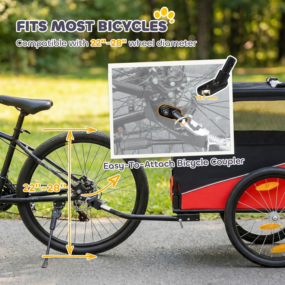 image 1 of PawHut Dog Bike Trailer for Small & Medium Pets with 20" Rubber Wheels, Red