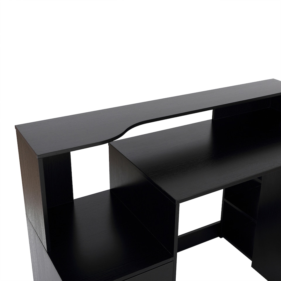 image 1 of HOMCOM Computer Desk with Drawers and Storage Shelves, Office Desk Writing Table with Printer Stand, Large Workstation for Study Play Work Home Office, 137 x 55 x 92cm, Black