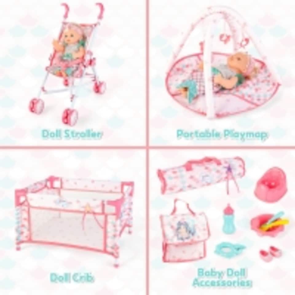 image 1 of Deluxe Mermaid-Themed Baby Doll Playset with Stroller, Crib, Play Mat & Feeding Accessories – Role Play Toy for Girls 3+