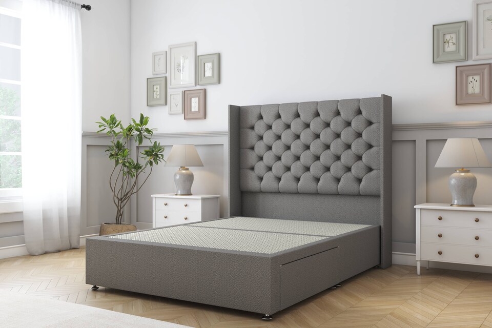 image 1 of Sloomy Dior Pewter Dumfries Divan Bed Base 2 Drawers Foot-End With 54 Inch Wingback Headboard | Grey | Pewter | Small Double | 1