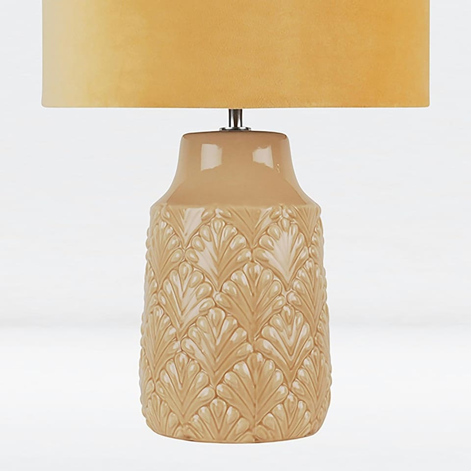 image 1 of First Choice Lighting Peacock Glazed Ceramic Lamp with Ochre Velour Shade Yellow | Yellow
