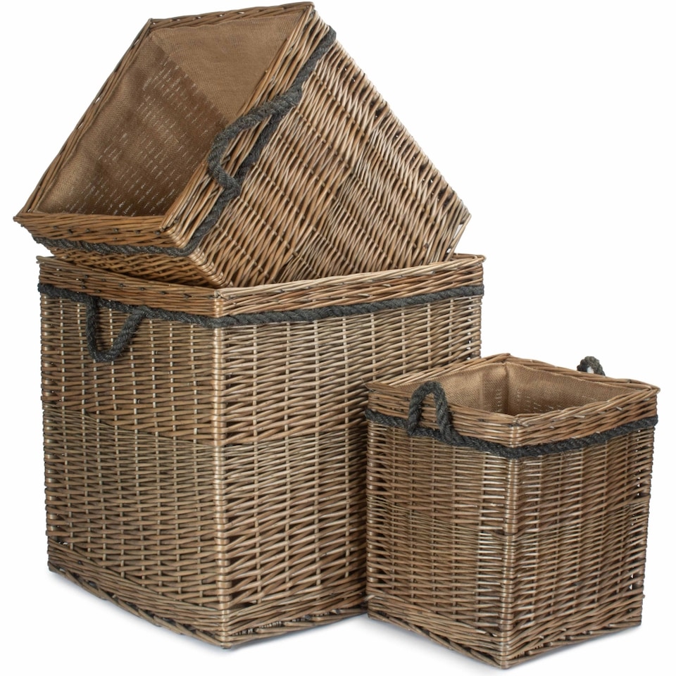 image 1 of Set of 3 Antique Wash Square Storage Log Basket